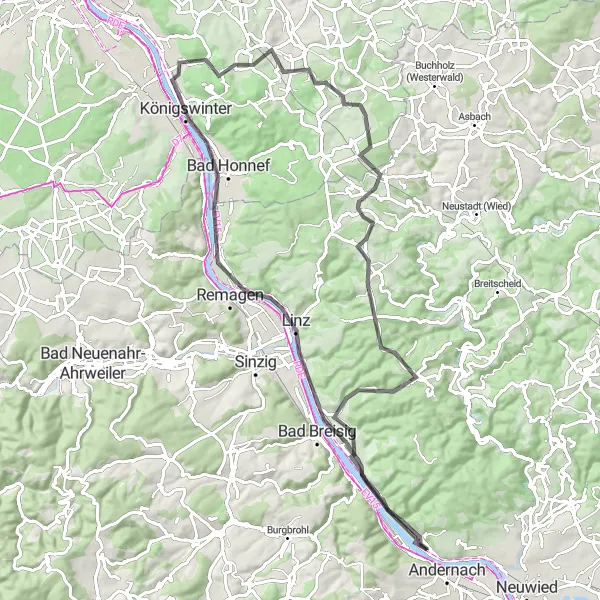 Karten-Miniaturansicht der Radinspiration "Bad Breisig und Drachenfels Tour" in Koblenz, Germany. Erstellt vom Tarmacs.app-Routenplaner für Radtouren