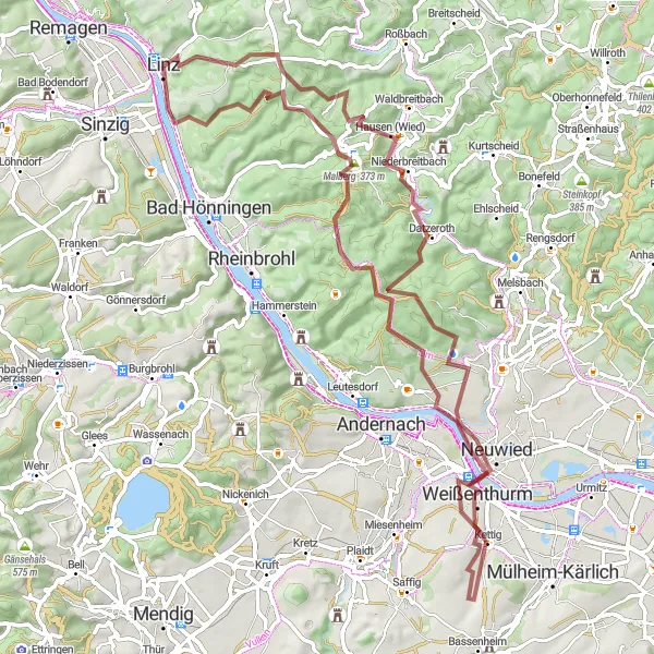 Karten-Miniaturansicht der Radinspiration "Gravel-Abenteuer durch die Natur rund um Linz am Rhein" in Koblenz, Germany. Erstellt vom Tarmacs.app-Routenplaner für Radtouren