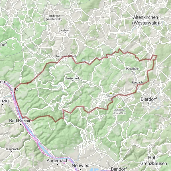 Karten-Miniaturansicht der Radinspiration "Hügeliges Gravel-Abenteuer im Westerwald" in Koblenz, Germany. Erstellt vom Tarmacs.app-Routenplaner für Radtouren