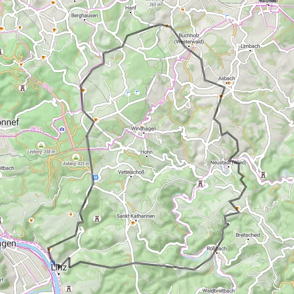 Map miniature of "Linz am Rhein to Ockenfels Loop" cycling inspiration in Koblenz, Germany. Generated by Tarmacs.app cycling route planner