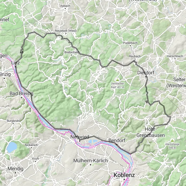 Map miniature of "Linz am Rhein to Vallendar Loop" cycling inspiration in Koblenz, Germany. Generated by Tarmacs.app cycling route planner