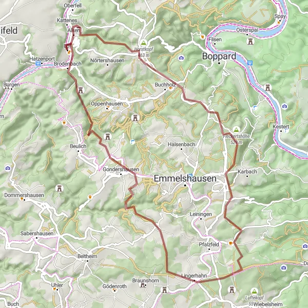 Map miniature of "Gravel Adventure through Alken and Vogelsang" cycling inspiration in Koblenz, Germany. Generated by Tarmacs.app cycling route planner