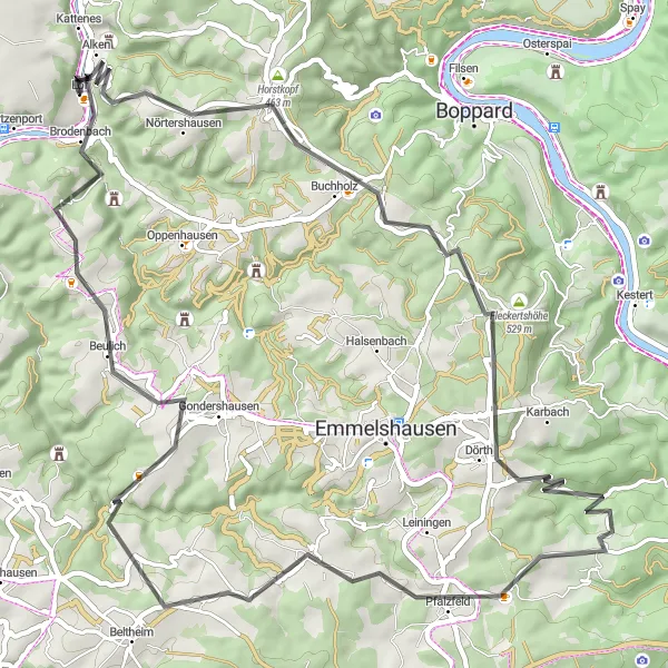 Karten-Miniaturansicht der Radinspiration "Durch grüne Täler und Wälder auf 65 km" in Koblenz, Germany. Erstellt vom Tarmacs.app-Routenplaner für Radtouren