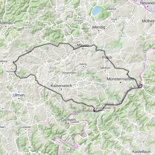 Map miniature of "The Ultimate Road Adventure" cycling inspiration in Koblenz, Germany. Generated by Tarmacs.app cycling route planner