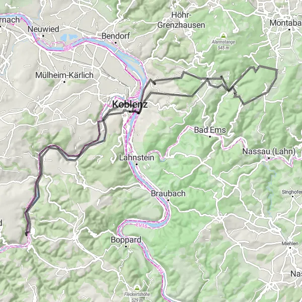 Map miniature of "Loop around Löf, Koblenz, and Neuhäusel" cycling inspiration in Koblenz, Germany. Generated by Tarmacs.app cycling route planner