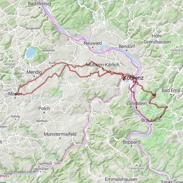 Map miniature of "The Primeval Route" cycling inspiration in Koblenz, Germany. Generated by Tarmacs.app cycling route planner