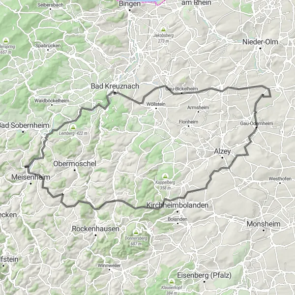 Map miniature of "The Kreuznach Experience" cycling inspiration in Koblenz, Germany. Generated by Tarmacs.app cycling route planner