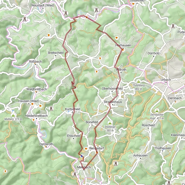 Map miniature of "The Kurtscheid Gravel Escapade" cycling inspiration in Koblenz, Germany. Generated by Tarmacs.app cycling route planner