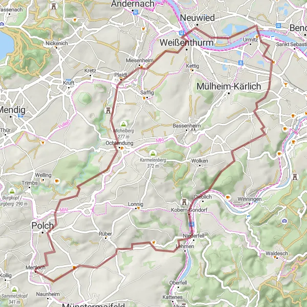 Karten-Miniaturansicht der Radinspiration "Gravel-Rundfahrt von Mertloch nach Koblenz" in Koblenz, Germany. Erstellt vom Tarmacs.app-Routenplaner für Radtouren