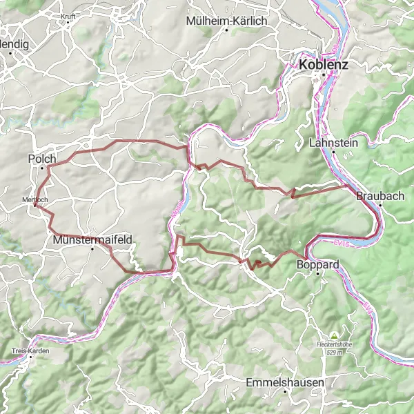 Karten-Miniaturansicht der Radinspiration "Weitere Gravel-Rundfahrt von Mertloch nach Koblenz" in Koblenz, Germany. Erstellt vom Tarmacs.app-Routenplaner für Radtouren