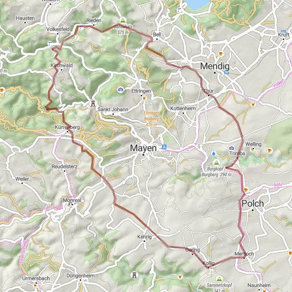 Map miniature of "Gravel Road Adventure" cycling inspiration in Koblenz, Germany. Generated by Tarmacs.app cycling route planner