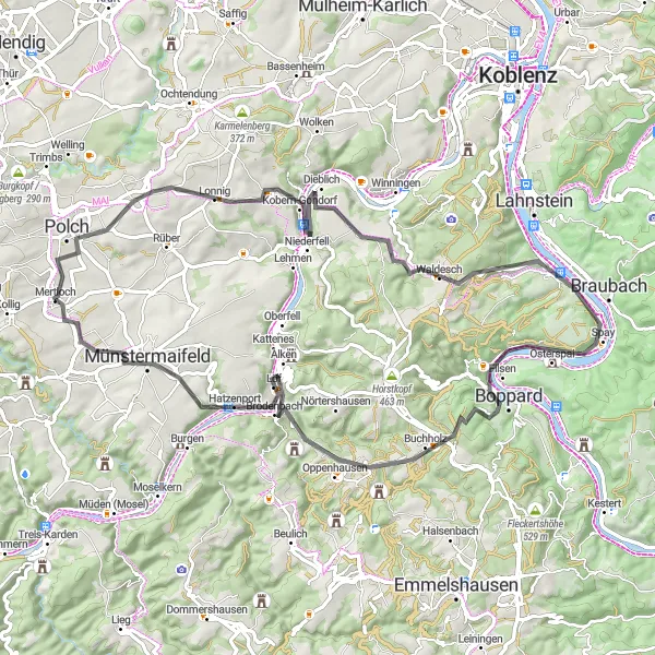 Map miniature of "Challenging Road Loop near Mertloch" cycling inspiration in Koblenz, Germany. Generated by Tarmacs.app cycling route planner