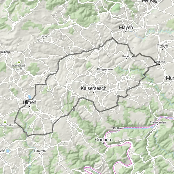 Map miniature of "Scenic Loop through Mertloch" cycling inspiration in Koblenz, Germany. Generated by Tarmacs.app cycling route planner