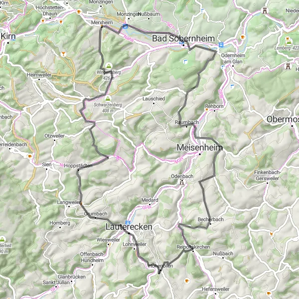 Map miniature of "Merxheim to Limbacher Höhe Road Route" cycling inspiration in Koblenz, Germany. Generated by Tarmacs.app cycling route planner