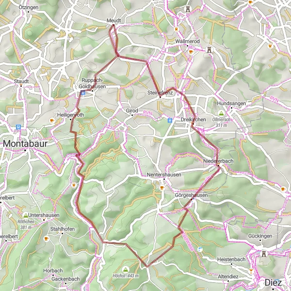 Karten-Miniaturansicht der Radinspiration "Geheimnisvolle Ecken des Westerwalds" in Koblenz, Germany. Erstellt vom Tarmacs.app-Routenplaner für Radtouren