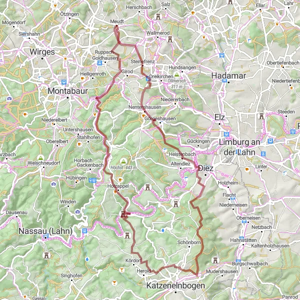 Karten-Miniaturansicht der Radinspiration "Gravel-Radtour von Meudt nach Holzappel und zurück" in Koblenz, Germany. Erstellt vom Tarmacs.app-Routenplaner für Radtouren