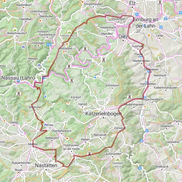 Map miniature of "The Gravel Escape through Miehlen's Nature Wonders" cycling inspiration in Koblenz, Germany. Generated by Tarmacs.app cycling route planner
