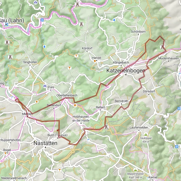 Map miniature of "Miehlen Adventure" cycling inspiration in Koblenz, Germany. Generated by Tarmacs.app cycling route planner