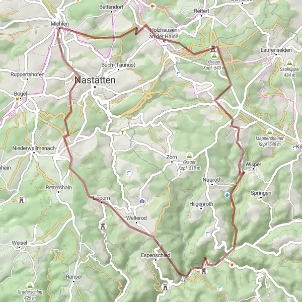 Karten-Miniaturansicht der Radinspiration "Gravel-Tour durch die Naturparks" in Koblenz, Germany. Erstellt vom Tarmacs.app-Routenplaner für Radtouren