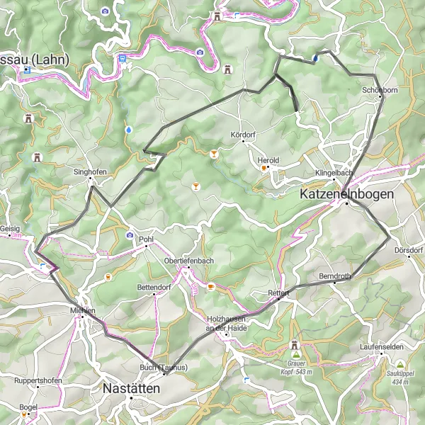 Map miniature of "Road Cycling Spectacle near Miehlen and Beyond" cycling inspiration in Koblenz, Germany. Generated by Tarmacs.app cycling route planner