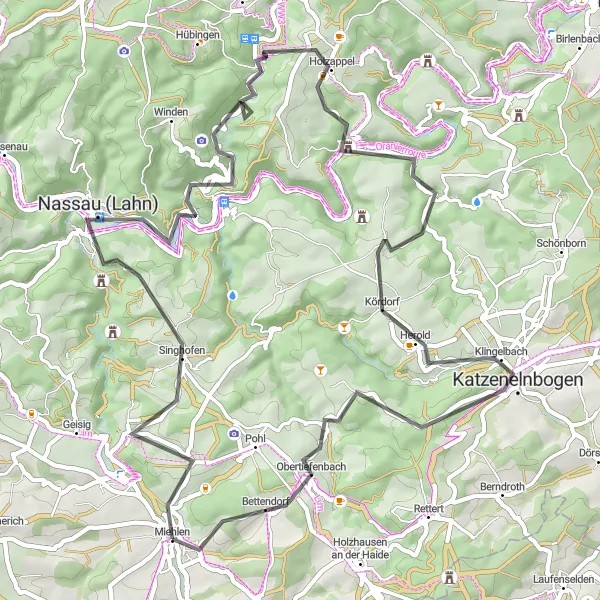 Map miniature of "The Scenic Road Cycling Exploration near Miehlen" cycling inspiration in Koblenz, Germany. Generated by Tarmacs.app cycling route planner