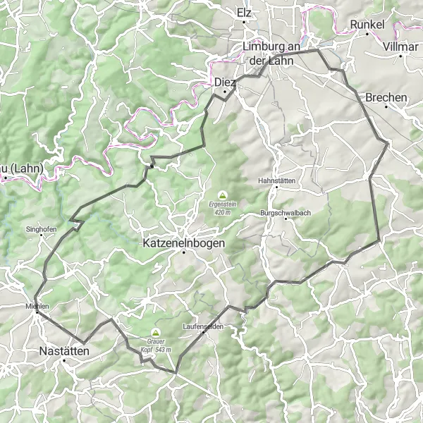 Karten-Miniaturansicht der Radinspiration "Hunzel und Limburg Tour" in Koblenz, Germany. Erstellt vom Tarmacs.app-Routenplaner für Radtouren