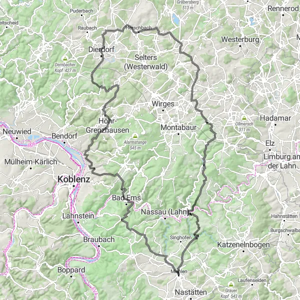 Karten-Miniaturansicht der Radinspiration "Der Höhenmeter-Marathon von Miehlen" in Koblenz, Germany. Erstellt vom Tarmacs.app-Routenplaner für Radtouren