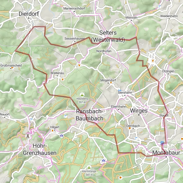 Map miniature of "Montabaur Gravel Adventure" cycling inspiration in Koblenz, Germany. Generated by Tarmacs.app cycling route planner
