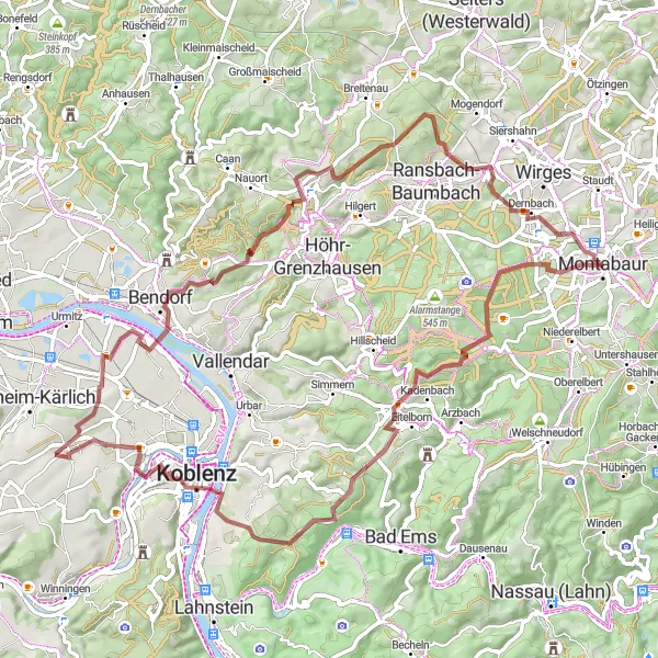 Map miniature of "The Gravel Adventure" cycling inspiration in Koblenz, Germany. Generated by Tarmacs.app cycling route planner