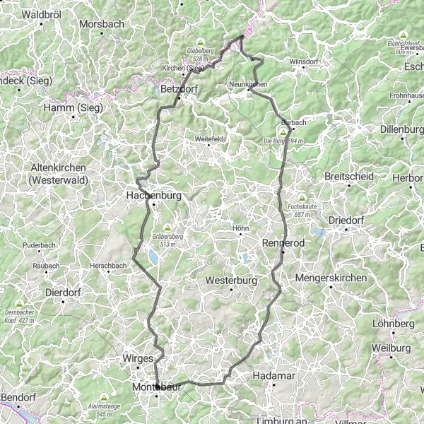 Map miniature of "Montabaur to Salzburger Kopf Loop" cycling inspiration in Koblenz, Germany. Generated by Tarmacs.app cycling route planner