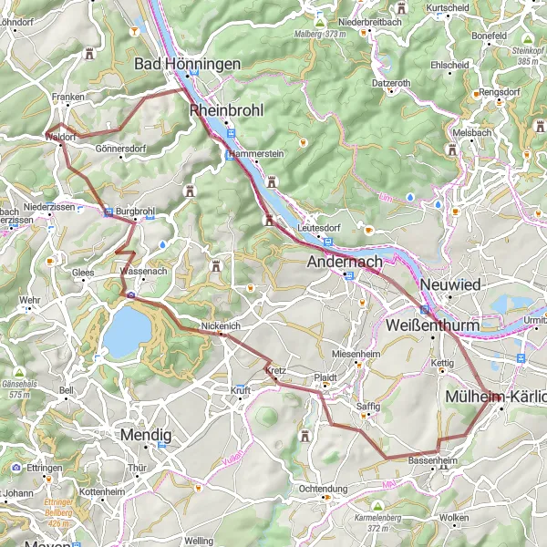 Map miniature of "Hidden Gems Gravel Ride" cycling inspiration in Koblenz, Germany. Generated by Tarmacs.app cycling route planner