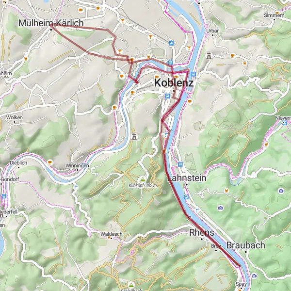 Map miniature of "Countryside Gravel Ride" cycling inspiration in Koblenz, Germany. Generated by Tarmacs.app cycling route planner