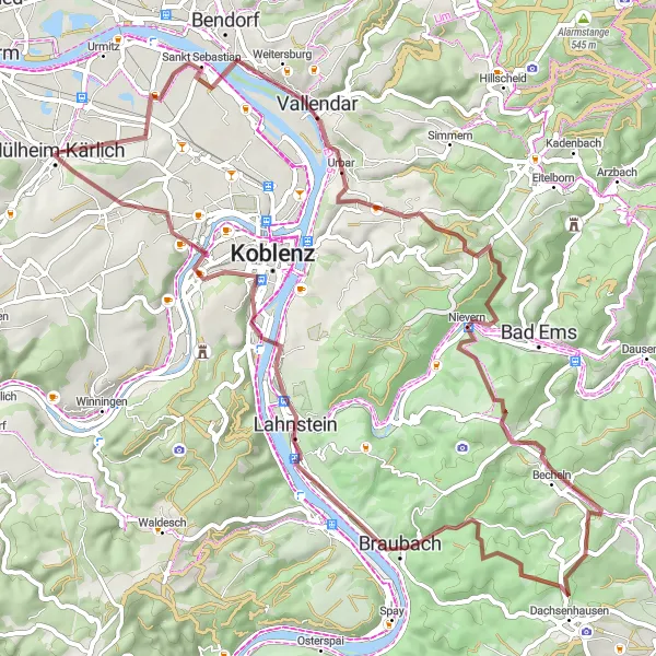 Karten-Miniaturansicht der Radinspiration "Gravel-Tour um Koblenz und die Umgebung" in Koblenz, Germany. Erstellt vom Tarmacs.app-Routenplaner für Radtouren