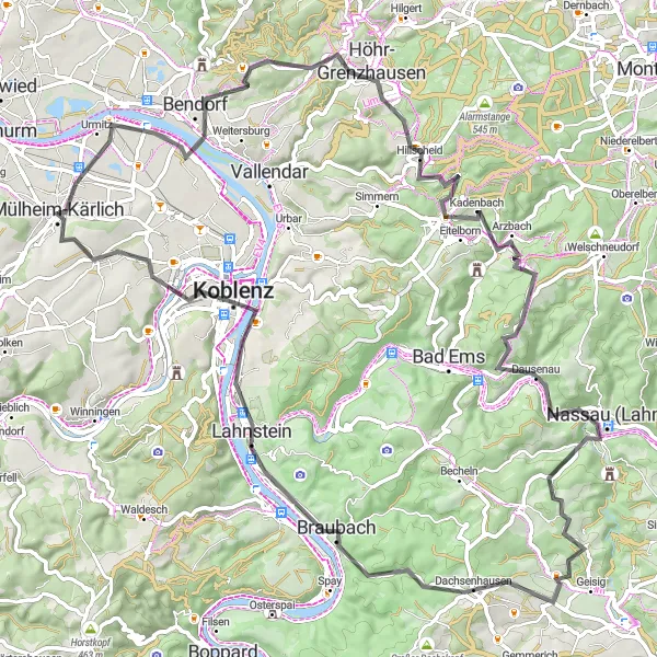 Karten-Miniaturansicht der Radinspiration "Rund um Koblenz entlang der Mosel und des Rheins" in Koblenz, Germany. Erstellt vom Tarmacs.app-Routenplaner für Radtouren