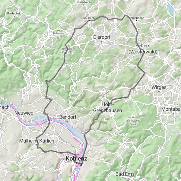Karten-Miniaturansicht der Radinspiration "Herausfordernde Fahrt durch den Westerwald" in Koblenz, Germany. Erstellt vom Tarmacs.app-Routenplaner für Radtouren