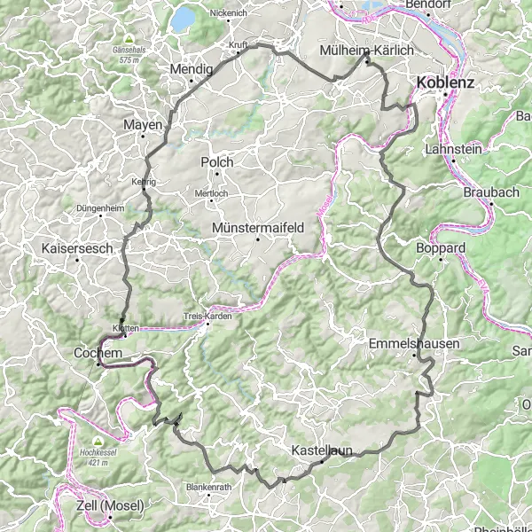 Karten-Miniaturansicht der Radinspiration "Road-Tour durch die Eifel und die Moselschleife" in Koblenz, Germany. Erstellt vom Tarmacs.app-Routenplaner für Radtouren