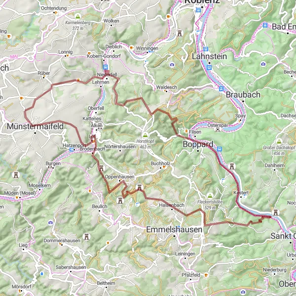 Map miniature of "The Medieval Castle Circuit" cycling inspiration in Koblenz, Germany. Generated by Tarmacs.app cycling route planner