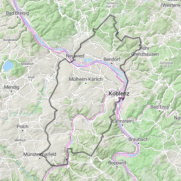 Map miniature of "Rhine Valley Adventure" cycling inspiration in Koblenz, Germany. Generated by Tarmacs.app cycling route planner