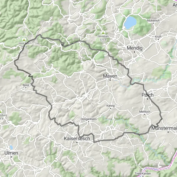 Map miniature of "The Road to Adventure" cycling inspiration in Koblenz, Germany. Generated by Tarmacs.app cycling route planner