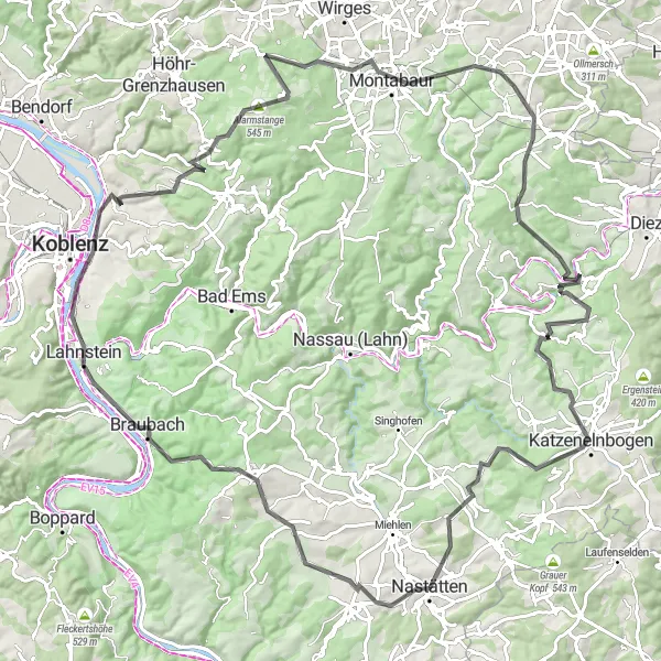 Map miniature of "Koblenz Roundabout Road Cycling Route" cycling inspiration in Koblenz, Germany. Generated by Tarmacs.app cycling route planner