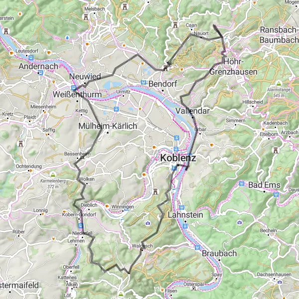 Karten-Miniaturansicht der Radinspiration "Rheintal und Weinberge" in Koblenz, Germany. Erstellt vom Tarmacs.app-Routenplaner für Radtouren