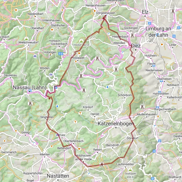 Karten-Miniaturansicht der Radinspiration "Gravel-Tour um Nentershausen über Diez und Lohköppel" in Koblenz, Germany. Erstellt vom Tarmacs.app-Routenplaner für Radtouren