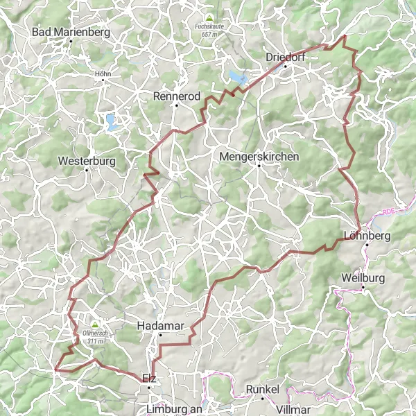 Map miniature of "Gravel Adventure: Three Counties Tour" cycling inspiration in Koblenz, Germany. Generated by Tarmacs.app cycling route planner