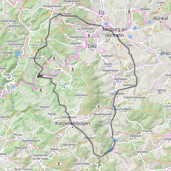Map miniature of "Koblenz Elzer Berg Loop" cycling inspiration in Koblenz, Germany. Generated by Tarmacs.app cycling route planner