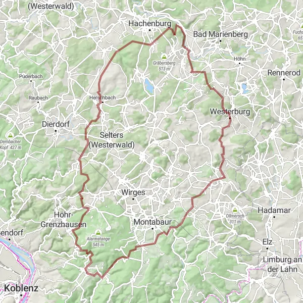 Karten-Miniaturansicht der Radinspiration "Westerwald-Graveltour" in Koblenz, Germany. Erstellt vom Tarmacs.app-Routenplaner für Radtouren