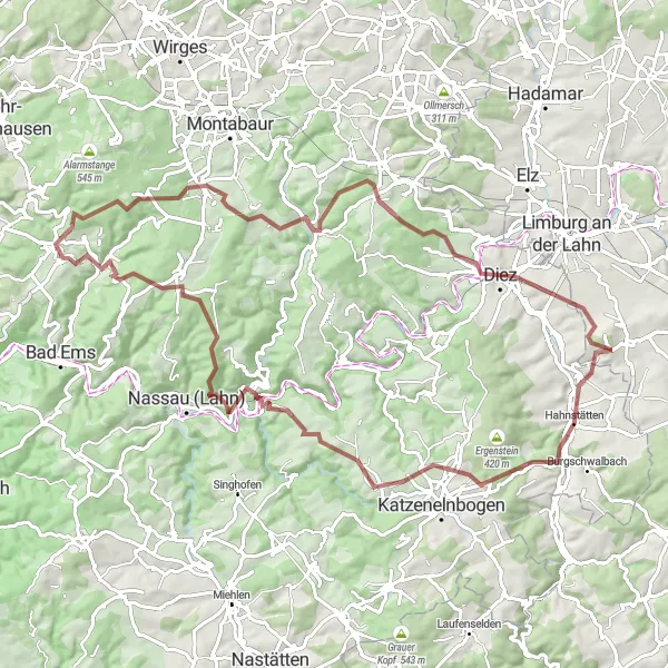 Karten-Miniaturansicht der Radinspiration "Gravel-Runde Neuhäusel - Diez - Arzbach" in Koblenz, Germany. Erstellt vom Tarmacs.app-Routenplaner für Radtouren