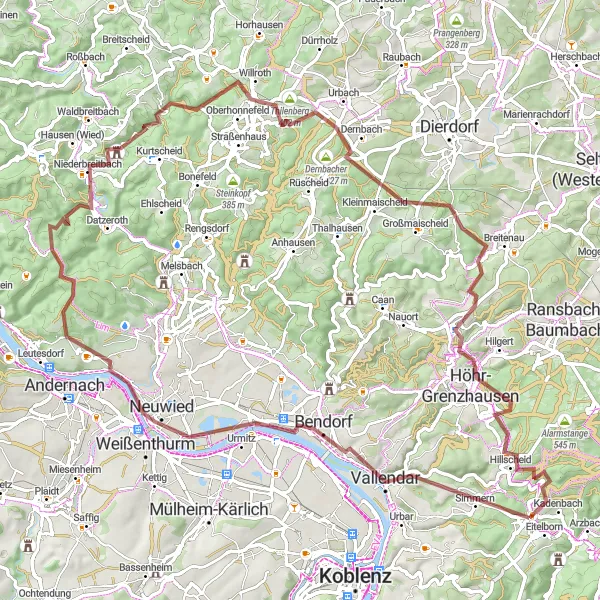 Map miniature of "Discover the Gravel Trails" cycling inspiration in Koblenz, Germany. Generated by Tarmacs.app cycling route planner