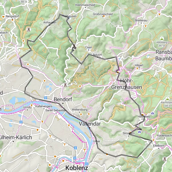 Map miniature of "Cycling through the Land of Castles" cycling inspiration in Koblenz, Germany. Generated by Tarmacs.app cycling route planner