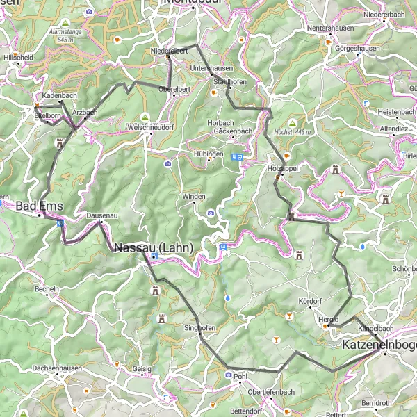Karten-Miniaturansicht der Radinspiration "Rundweg Neuhäusel - Hähnchen - Bad Ems" in Koblenz, Germany. Erstellt vom Tarmacs.app-Routenplaner für Radtouren
