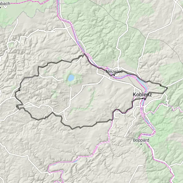 Map miniature of "The Long and Scenic Road" cycling inspiration in Koblenz, Germany. Generated by Tarmacs.app cycling route planner